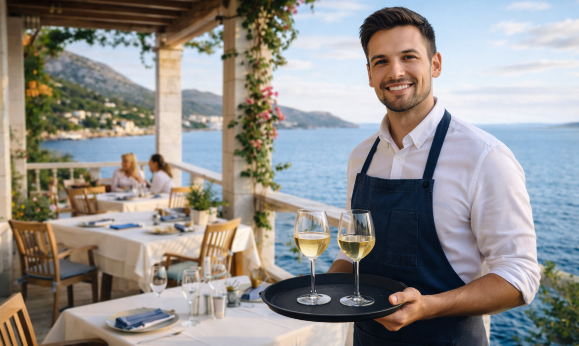 Kellner arbeitet in einem Restaurant an der Adriaküste in Kroatien mit Meerblick