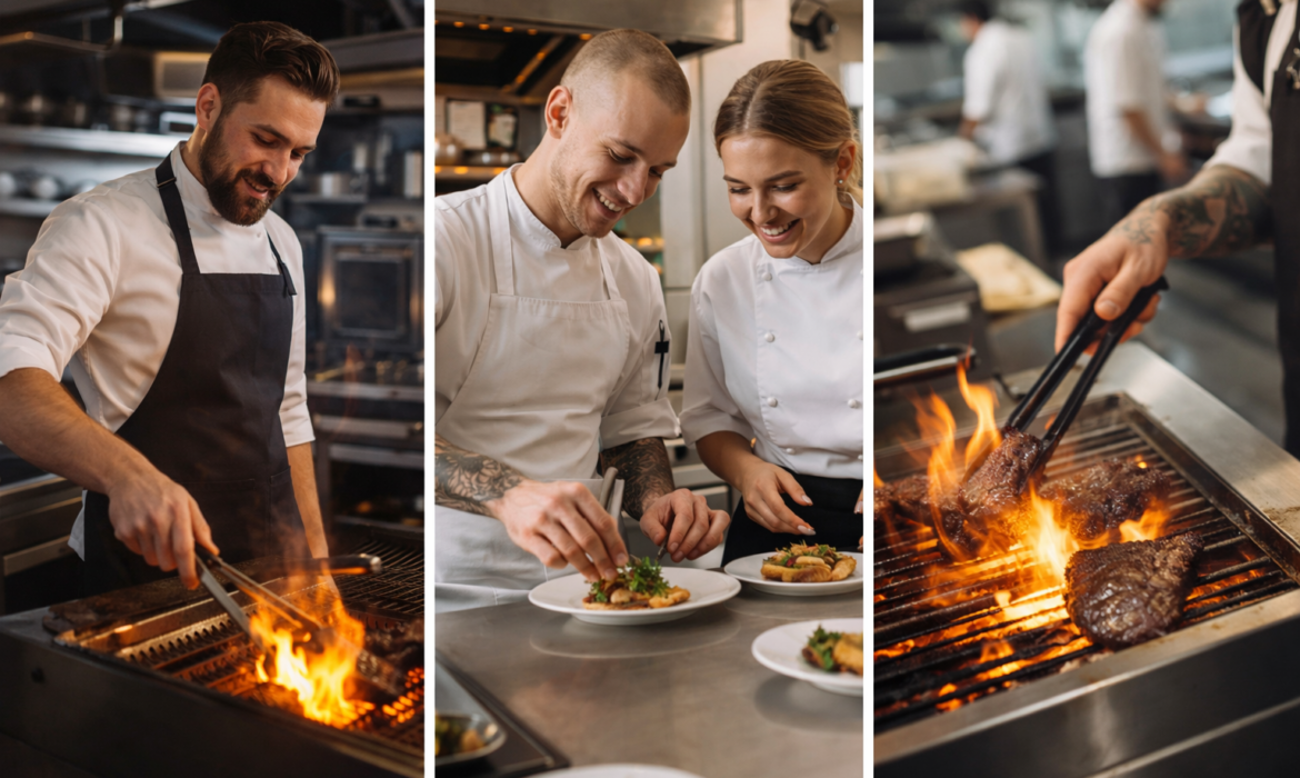 Kuhar priprema meso na roštilju u profesionalnoj kuhinji