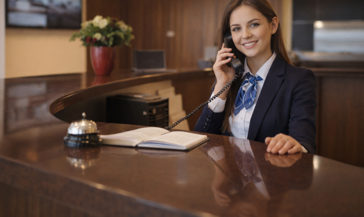 Recepcionerka na hotelskoj recepciji u modernom hotelu