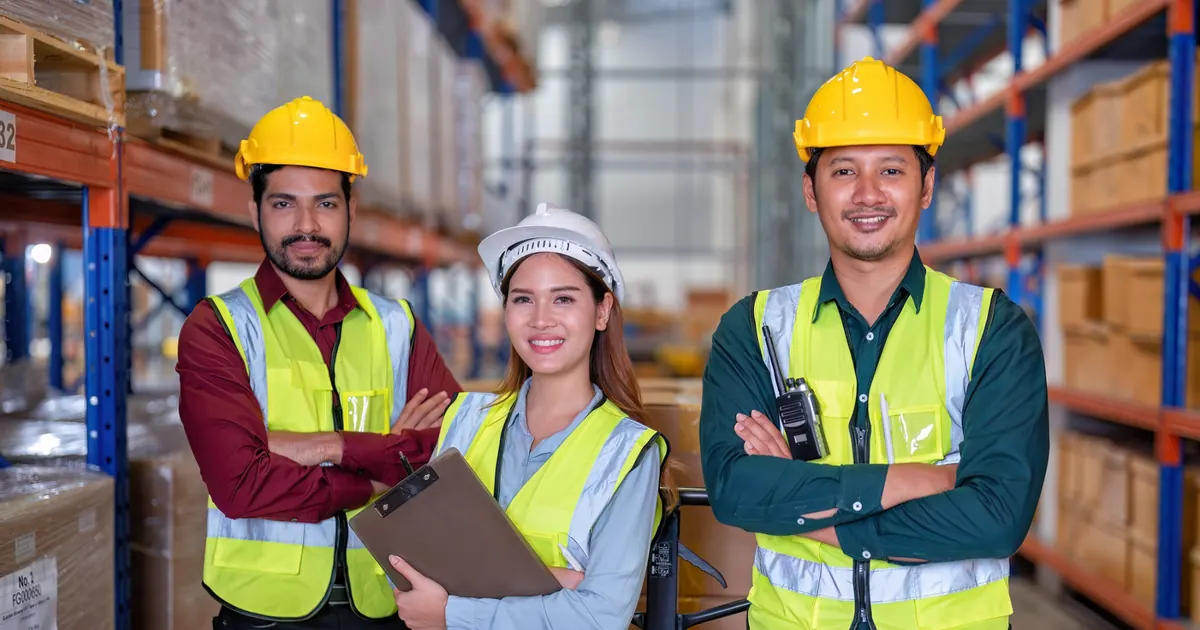 Mitarbeiter eines Logistikteams in einem modernen Lager in Deutschland.